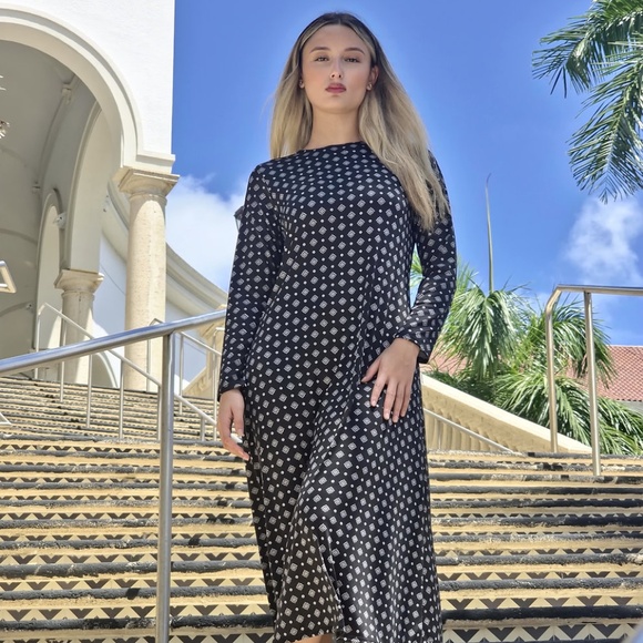 DEVORAH'S SECRET Modest Midi Dress Black Diamond Print Regular&Plus Sizes - Picture 2 of 4